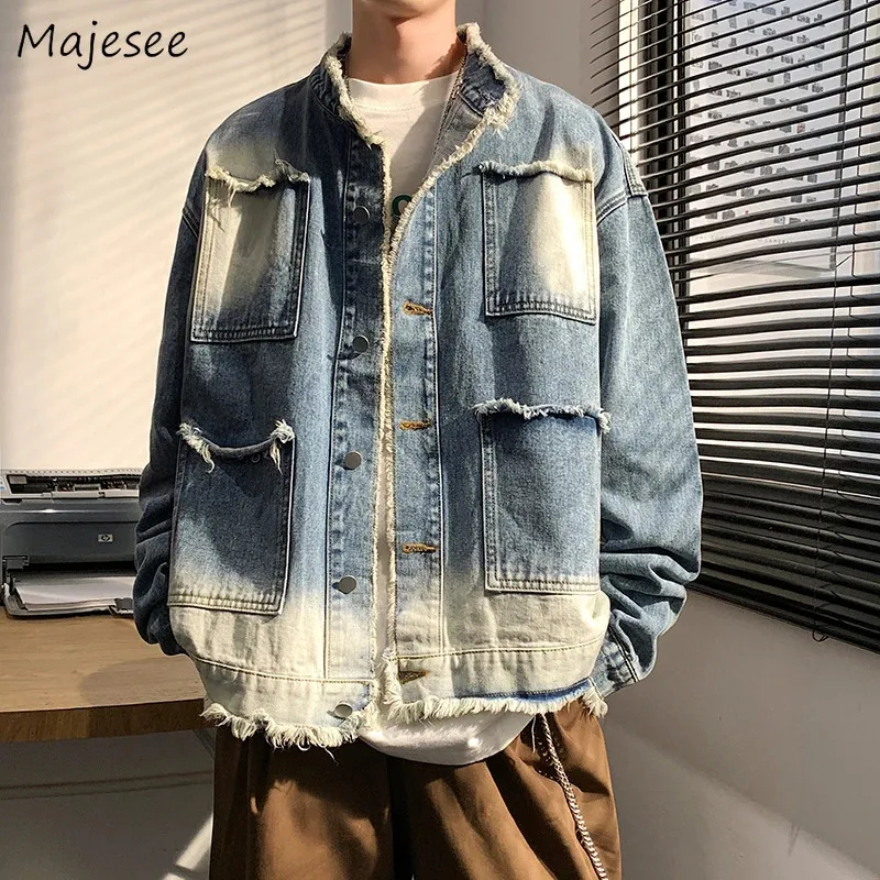 Denimjackor män skarvade tvättade y2k kläder vintage streetwear unisex s3xl tonåringar modekläder gradient chaquetas allmatch 240117