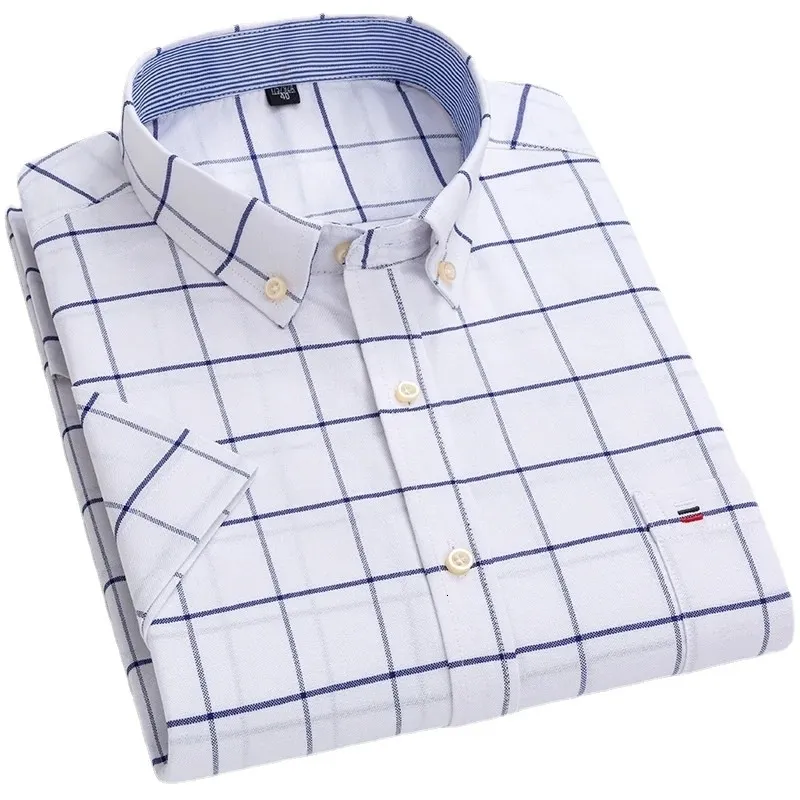 Pamuk Gömlek Erkekler İçin Kısa Kollu Yaz Ekose Çizgili Erkek İş Gündelik Beyaz Düzenli Fit Gömlek S ~ 7XL 240117