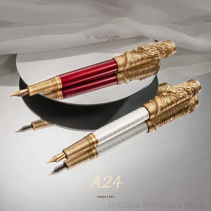 Hongdian A24 Metalen Vulpen F/Lang Mes 26# Penpunt Golden Dragon Jaar Limited Carving Gift Pen School Kantoor Schrijfbenodigdheden 240117