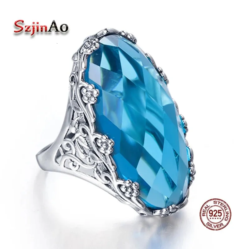 Szjinao 100 ٪ REAL 925 Sterling Silver Rings for Woman Classic Flower Plants Garden Oval Aquamarine Ring Creative Fine Gweet Jewelry 240117