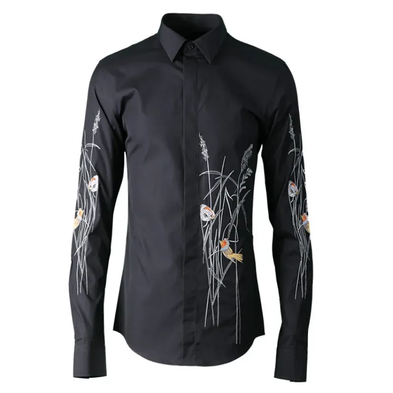 Nieuwe aankomst mode Bloem En Vogel Borduren Asymmetrische Mode Mannen Casual Shirts lange mouw maat M L XL 2XL 3XL 4XL