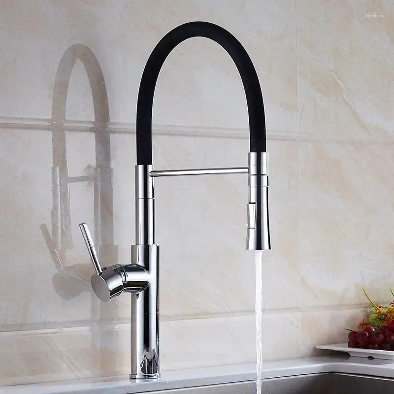 Kitchen Faucets Black And Chrome Basin Sink Faucet Deck Mount Pull Down Dual Sprayer Nozzle Cold Mixer Water Tap Copper