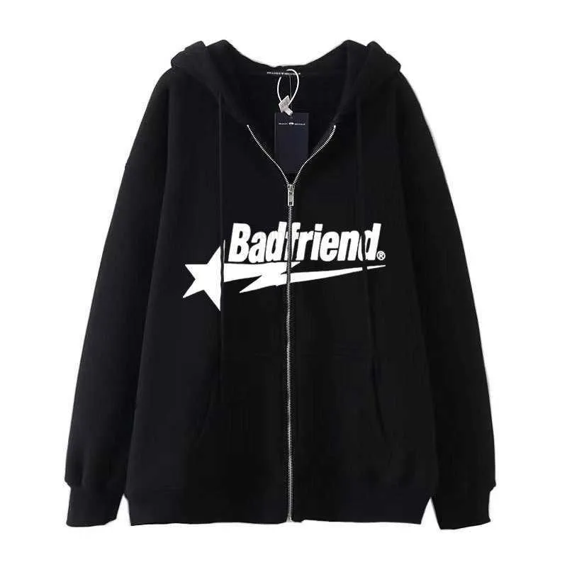 2023 Dark Wind Hip Hop Gothic Harajuku Y2K Letter Five pointed Star Zipper Hoodie Coat Sweater for Men and Women