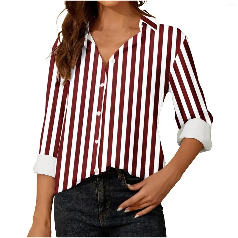 Camicette da donna Camicie a maniche lunghe autunno Office Lady Risvolto Camicetta stampata a righe Elegante Top Abbigliamento Donna Top Camisas De Mujer