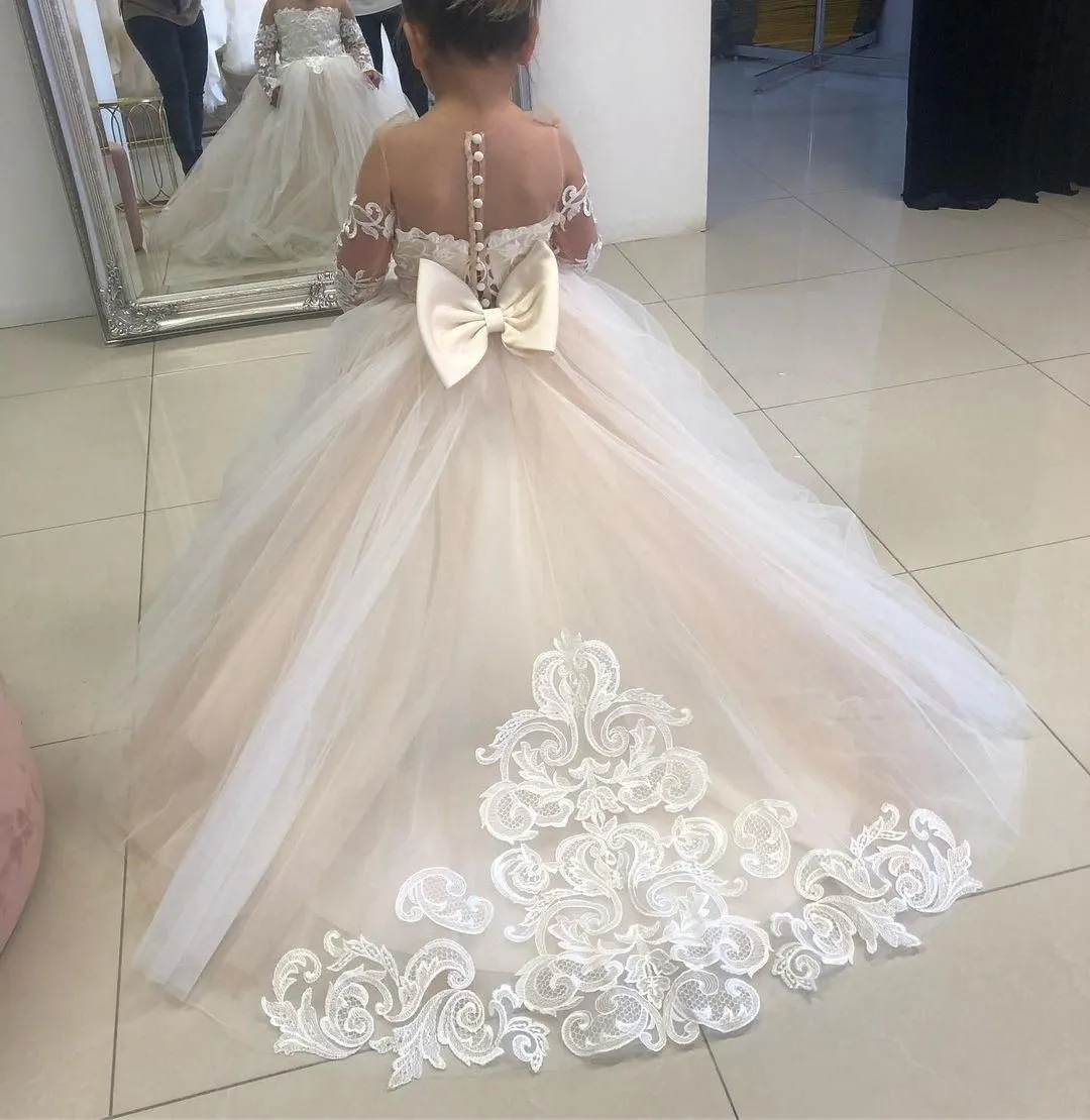 vestido de fiesta Girl Dress Lace Tulle Bows Children`s First Communion Wedding Dress Princess Ball Gown Party Dress