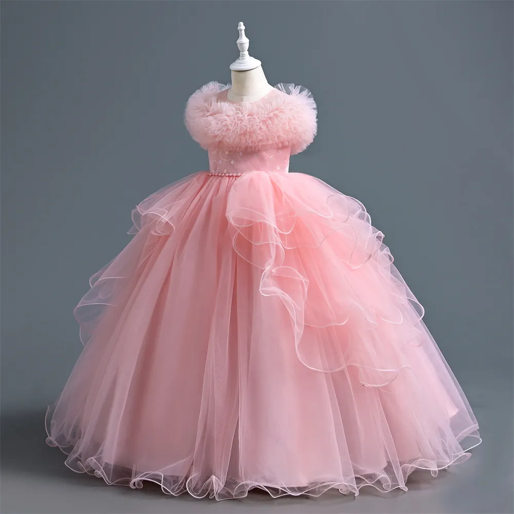 open lace back dress Multi-Tiered Tulle Pink First Communion Dress for Little Girls