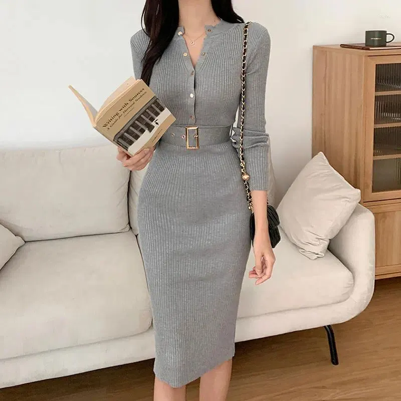 Casual Kleider Grau Chic Mode Sexy Paket Hüften Gestrickte Bodycon Kleid Herbst Winter Frauen Weiche Elastische Schwarz Pullover Gürtel Vestido