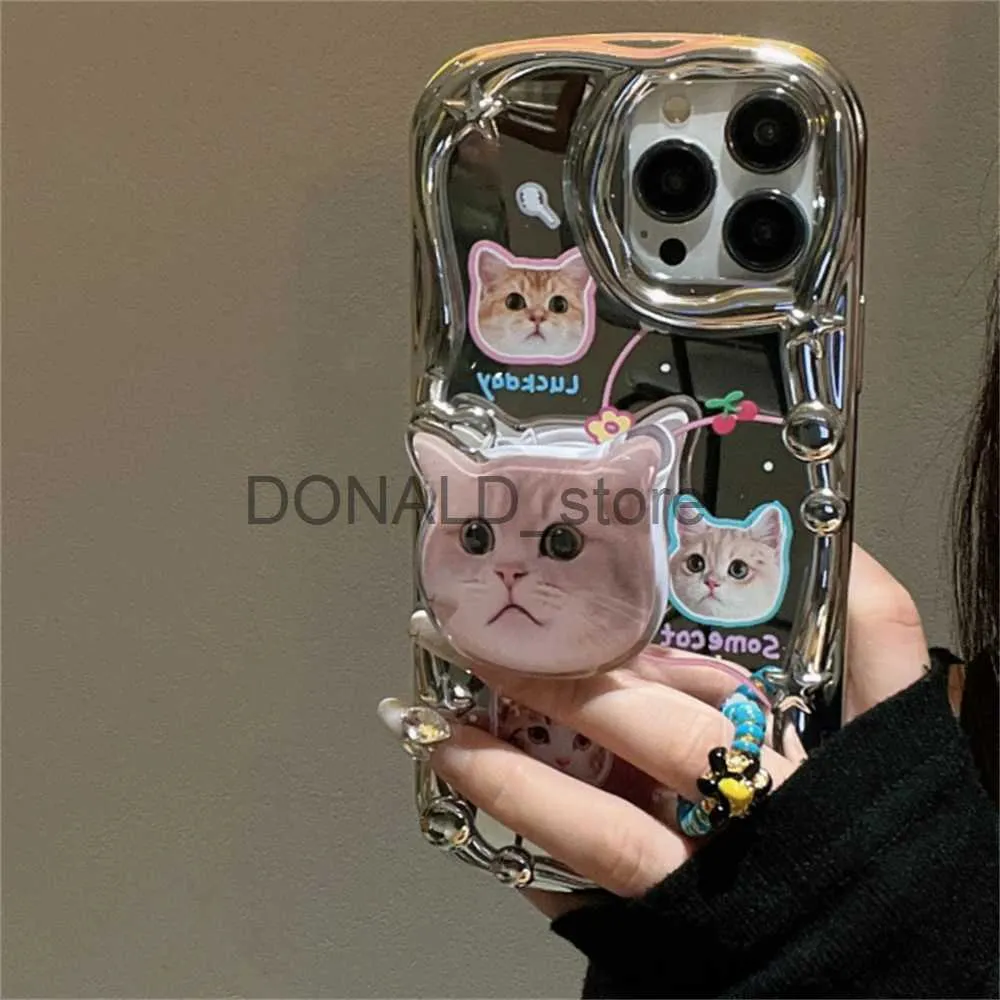 Cell Phone Cases Korean Cute 3D Cat Bracket Star Plating Soft Phone Case For iPhone 15 14 13 12 11 Pro Max X XS XR Lovely Kitten Shockproof Cover J240118