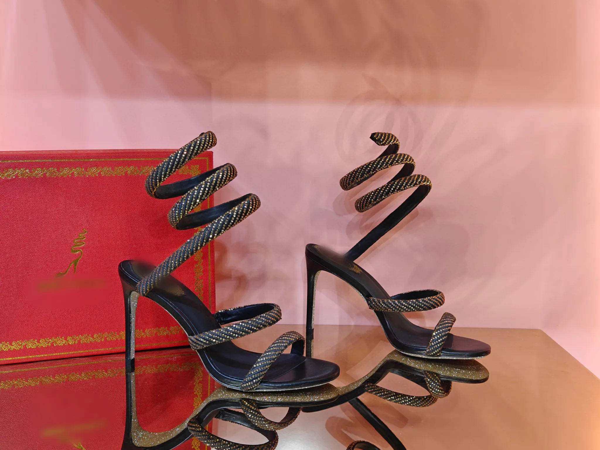 Rene Caovilla Cleo Heel Women Designer Sandals Shine High Heels Office Career Dress Shoes Des Chaussuresブラックラグジュアリーサンダルウエディングウェディングヒール9.5cm