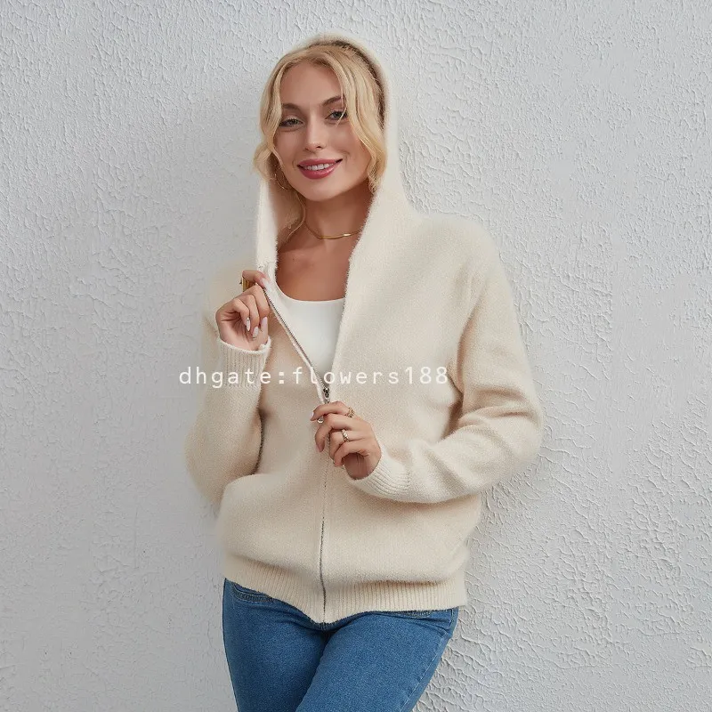 Chandails pour femmes européennes et américaines, nouveau Cardigan avec chapeau assorti en fausse fourrure de vison, pull avec fermeture éclair à la mode