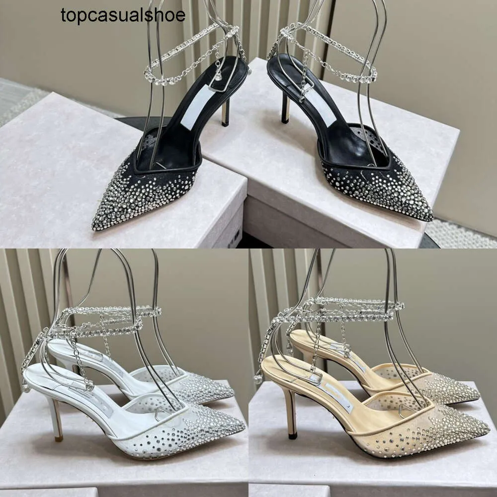 JC Jimmynessity Choo Crystals Summer Slingback Mesh Shoes Pump Embellies High Talons Sandale Femmes Élégantes Mesdames pointues Toes Backless 85 cm STILETTO Talons Mules 20