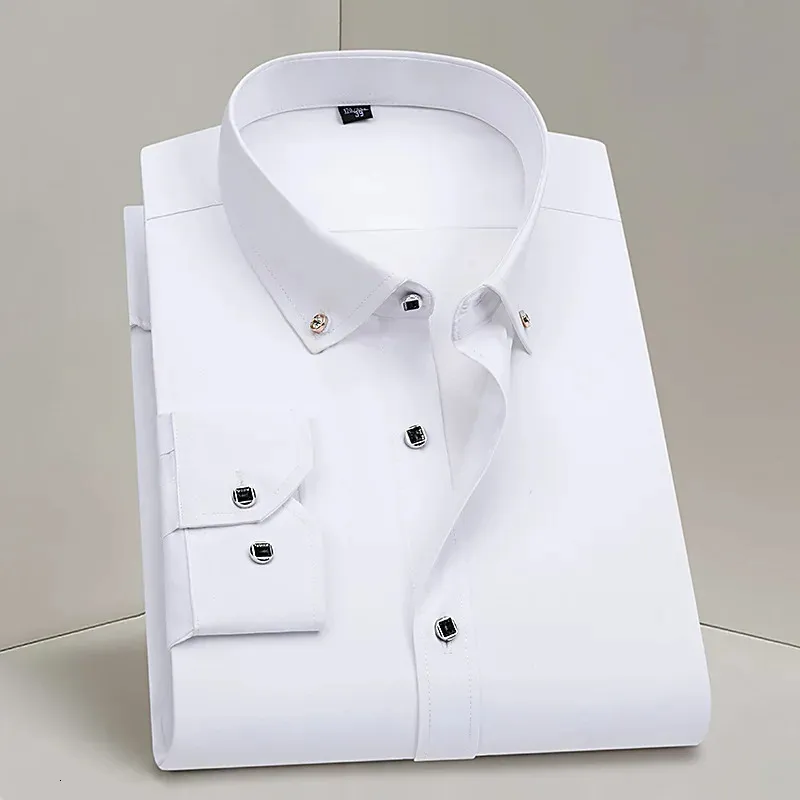 Diamond Button Shirt For Mens Long Sleeve Solid Color Stretch Slim Business Male Noiron White Social Shirts Blus Men kläder 240117