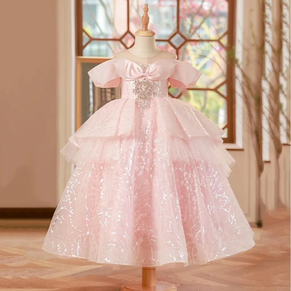 Shiny Flower Girl Lace Beaded Tiers dress for wedding with Tulle and Birthday Party Gown - 2022 Collection