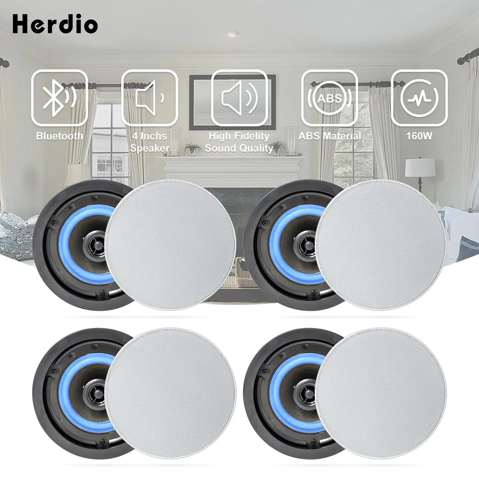 Altoparlanti 2 paia Herdio 4 pollici 160 Watt Altoparlanti da soffitto Bluetooth a 2 vie con montaggio a incasso Perfetti per Bagno Cucina Soggiorno Ufficio