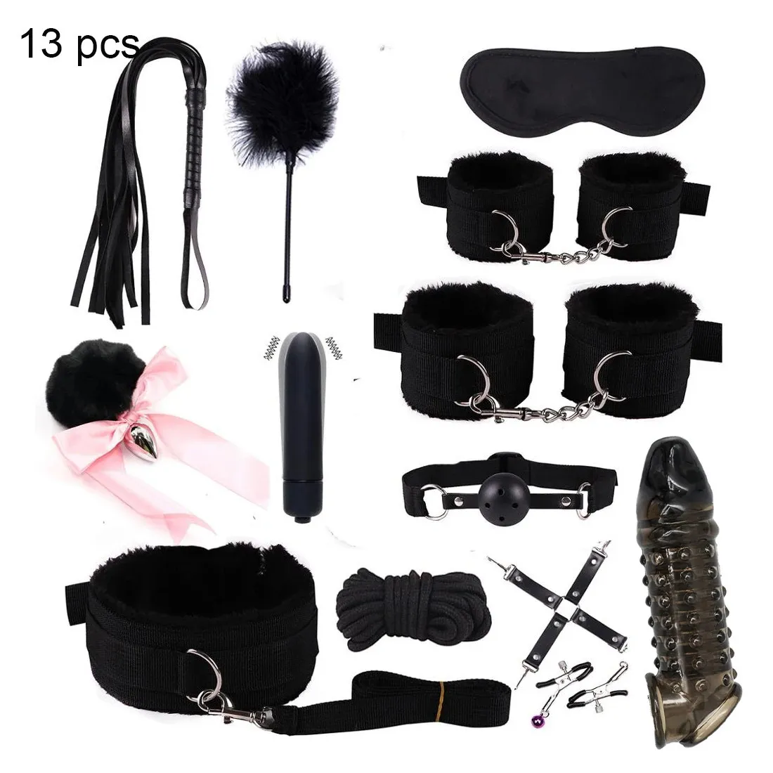 Sexigt läder BDSM -satser Plush Sex Bondage Set Handcuffs Sex Games Whip Gag Nipple Clamps Sex Toys For Par Exotic Accessories 240117