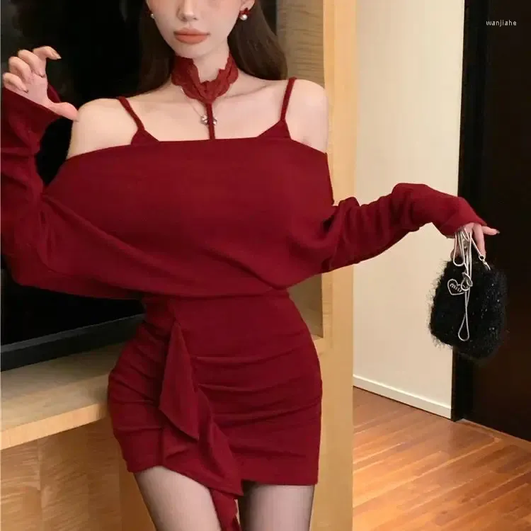 Casual jurken HSA Year's Red One Schouder Slash Neck Gebreide Hippe Rok Dames Pure Slim Desire Fit Jurk