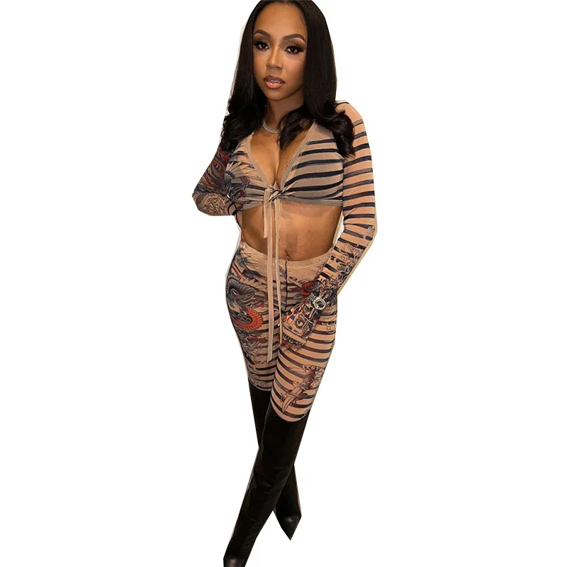 STYLISH LADY Floral Striped Mesh 2 Piece Set Women Long Sleeve Crop Top and Skinny Pant Suits 2024 See Through Sexy Club Outfits