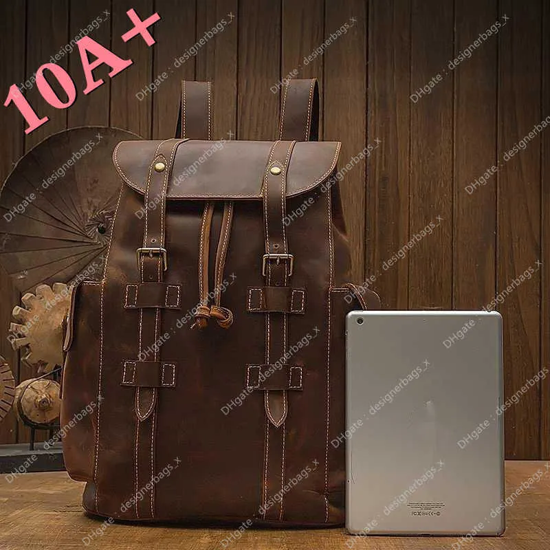 10A+ High quality bag Crazy Horse Skin Men's Backpack Casual Top Layer Cowhide Women's Genuine Leather Travel Computer Handmade Bag