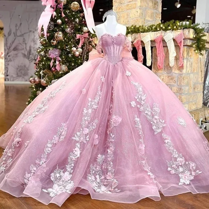 Mignon rose quinceanera Big Bow Ball Bow Floral Applique Crystal Beads Sweet 16 Robes à lacets Fête d'anniversaire Custom