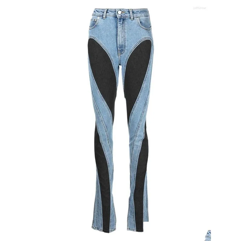 Jeans da donna Moda Donna Jeans Slim Decostruire con pannelli da lavoro a vita alta Split blu pantaloni lunghi in denim Autunno Drop Delivery Abbigliamento Dh97U