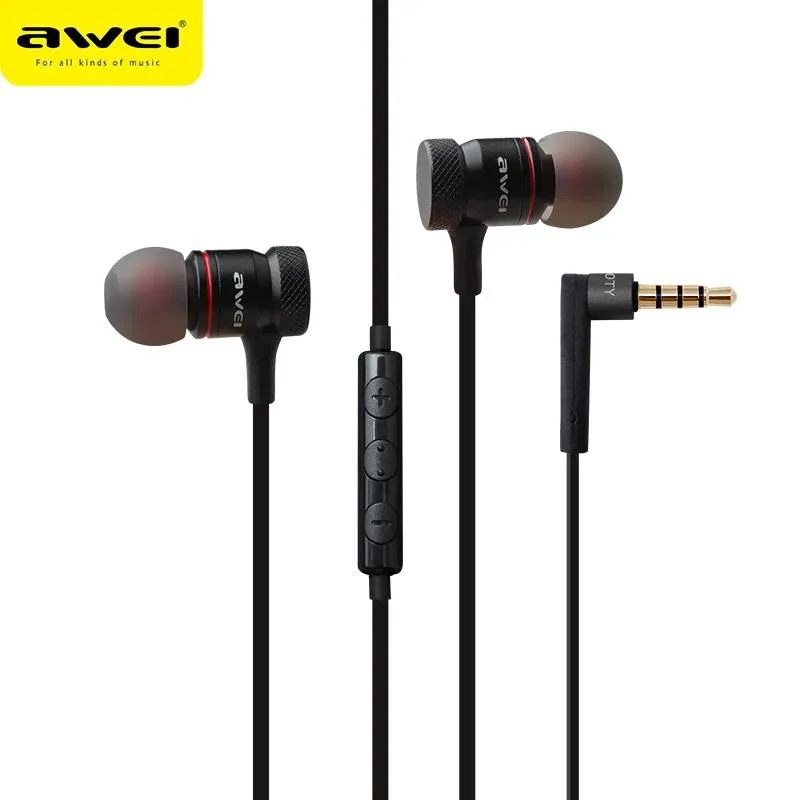 Hörlurar Awei ES70Ty Wired hörlurar för iPhone Samsung Xiaomi Earbuds Stereo -headset med mikrofonmetall i öron Super Bass Earpiece