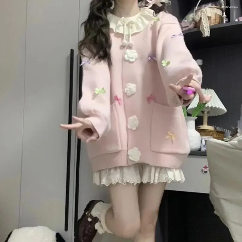 Malhas femininas 2024 outono japonês lolita doce arcos coloridos macio rosa malha cardigan mulheres suave vento preguiçoso camisola de manga longa com