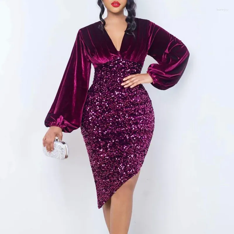 Robes décontractées Velvet Paillettes Robe Femmes Col V Mode Wrap Hip Robe à manches longues Sexy Femme Party Anniversaire Outfit Robes Elegante