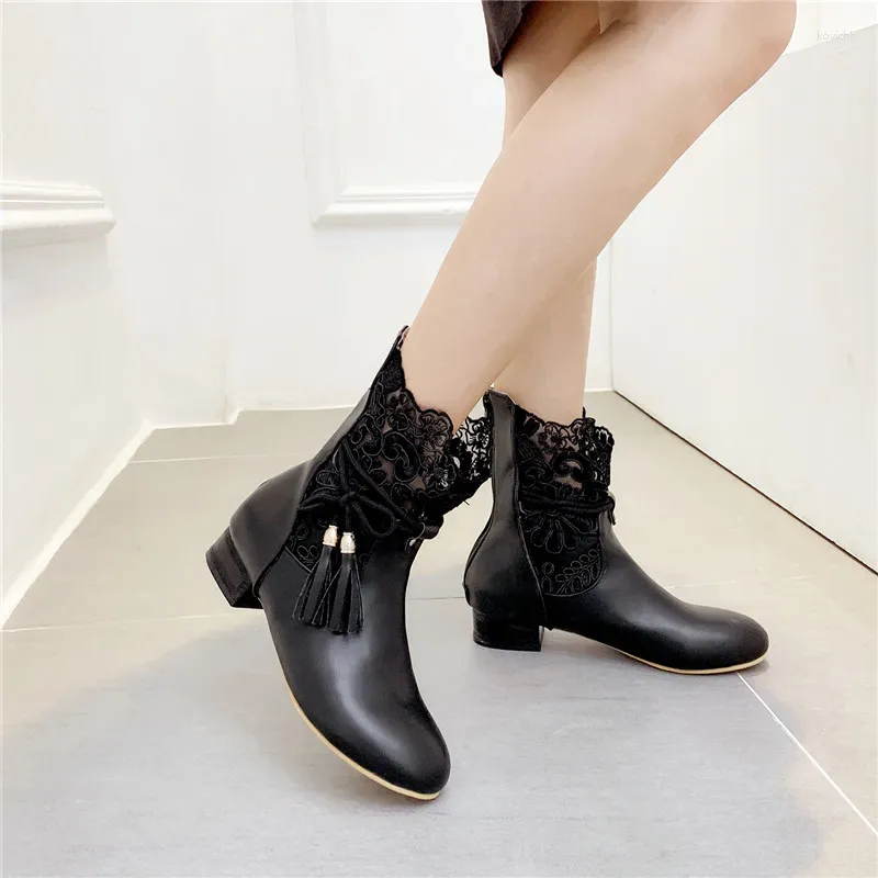 Boots YQBTDL 2024 Fringe Mesh Lace Ankle For Ladies Square Low Heel Back Zipper Party Fashion Gril Shoes Women Drop