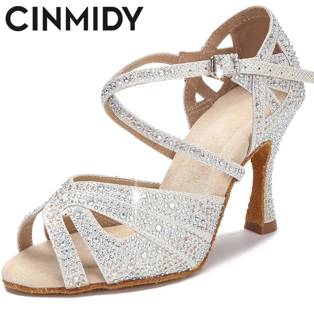 CINMIDY Strass Scarpe da ballo latino Tango Scarpe da ballo da ballo Scarpe da donna Tacchi alti Suola morbida Sandali da donna Scarpe da sposa Donna 240117