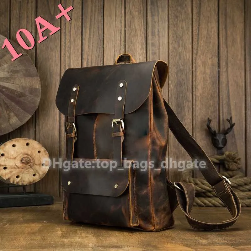 10A + Sac de haute qualité Retour Japonais et Coréen Fou Sac à dos en cuir fait à la main pour hommes Voyage en plein air Cheval Cuir de vache Casual Ordinateur