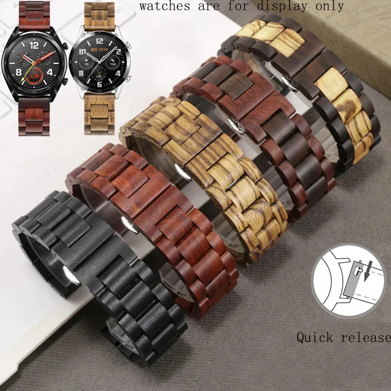 Solid Wood Watchband 20mm 22mm för Watchgt 2 2E Pro Black Dark Red Strap Magic GS Watch Chain 240117