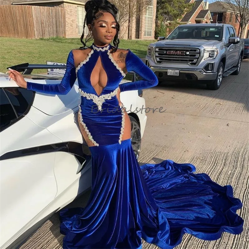 Royal Blue Velvet Prom Dress For Black Girls Plus Size See Through Leg Mermaid Evening Dress Court Train Special Occasion Party Gowns 2024 Long Sleeve Sexy Birthday