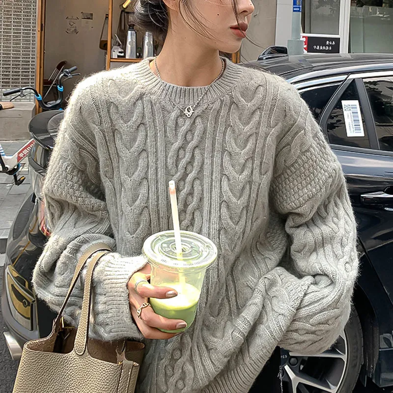 Women`s Sweaters Retro Pullover Tweed Sweater Women Fall Winter 2023 New Loose Lazy Soft Glutinous Knitwear