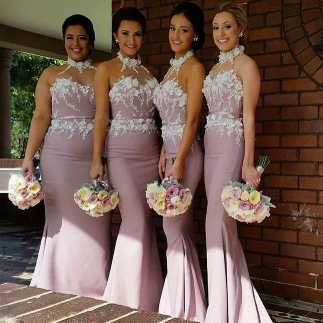 Dusty Rose Bridesmaid Dresses Mermaid Halter Appliqued Lace with Belt Maid of Honor Elastic Satin Bride Gowns for African Black Women Girls Marriage BR084