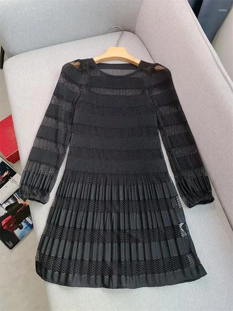 Casual Dresses 2024 Autumn MAJ Fashion Temperament Black Dress Women French Elegant O-neck Hollow Out Two Piece Short Robe Ladies