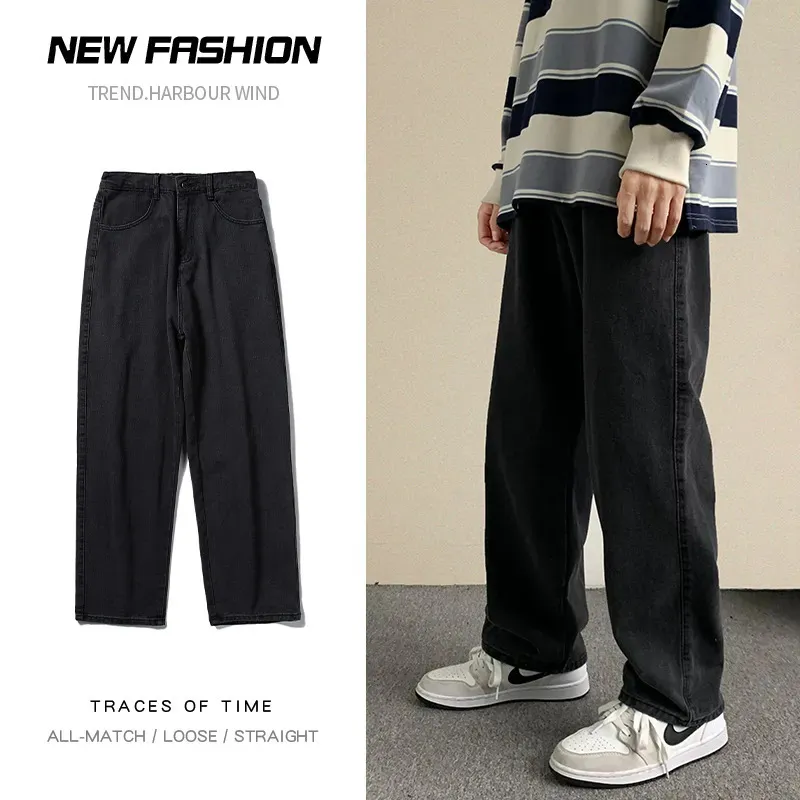 2023 frühling Streetwear Baggy Jeans Männer Koreanische Mode Lose Gerade Breite Bein Hosen Männliche Marke Kleidung Schwarz Hellblau 240117