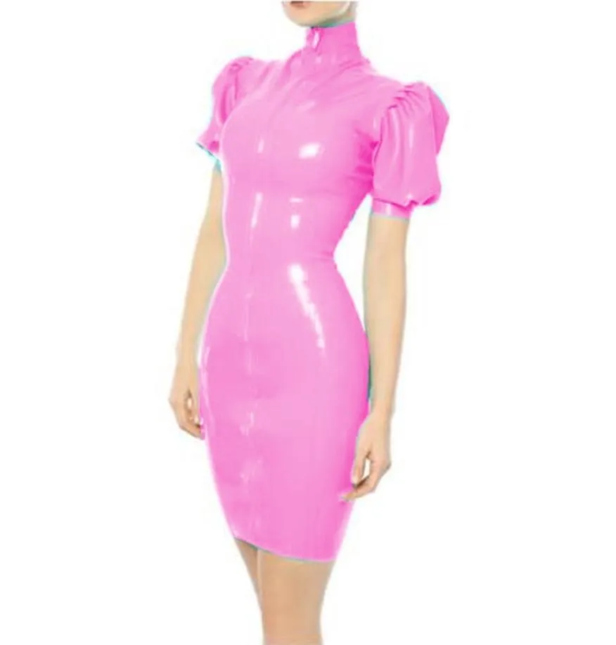 Plus Size Sexy Hoge Hals PVC Mini Jurk Vrouwen Korte Bladerdeeg Mouw Bodycon Jurk Mode Skinny Vestido Wetlook Party Clubwear 210332962561