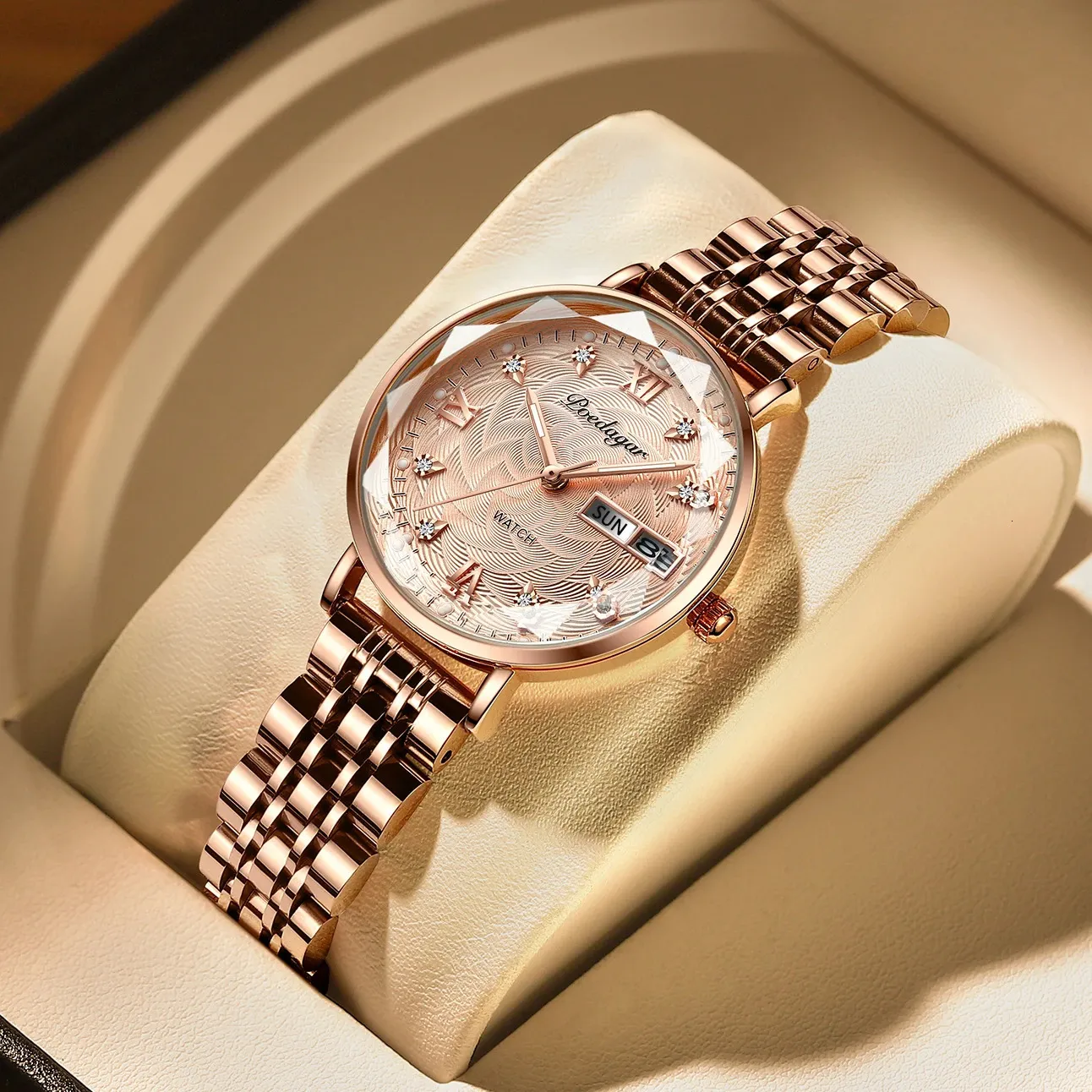 Poedagar Women Watch Stal Stael Mesh Rose Gold Proste wodoodporne światło damskie zegarki Luksusowe kwarc Elegancki 240117