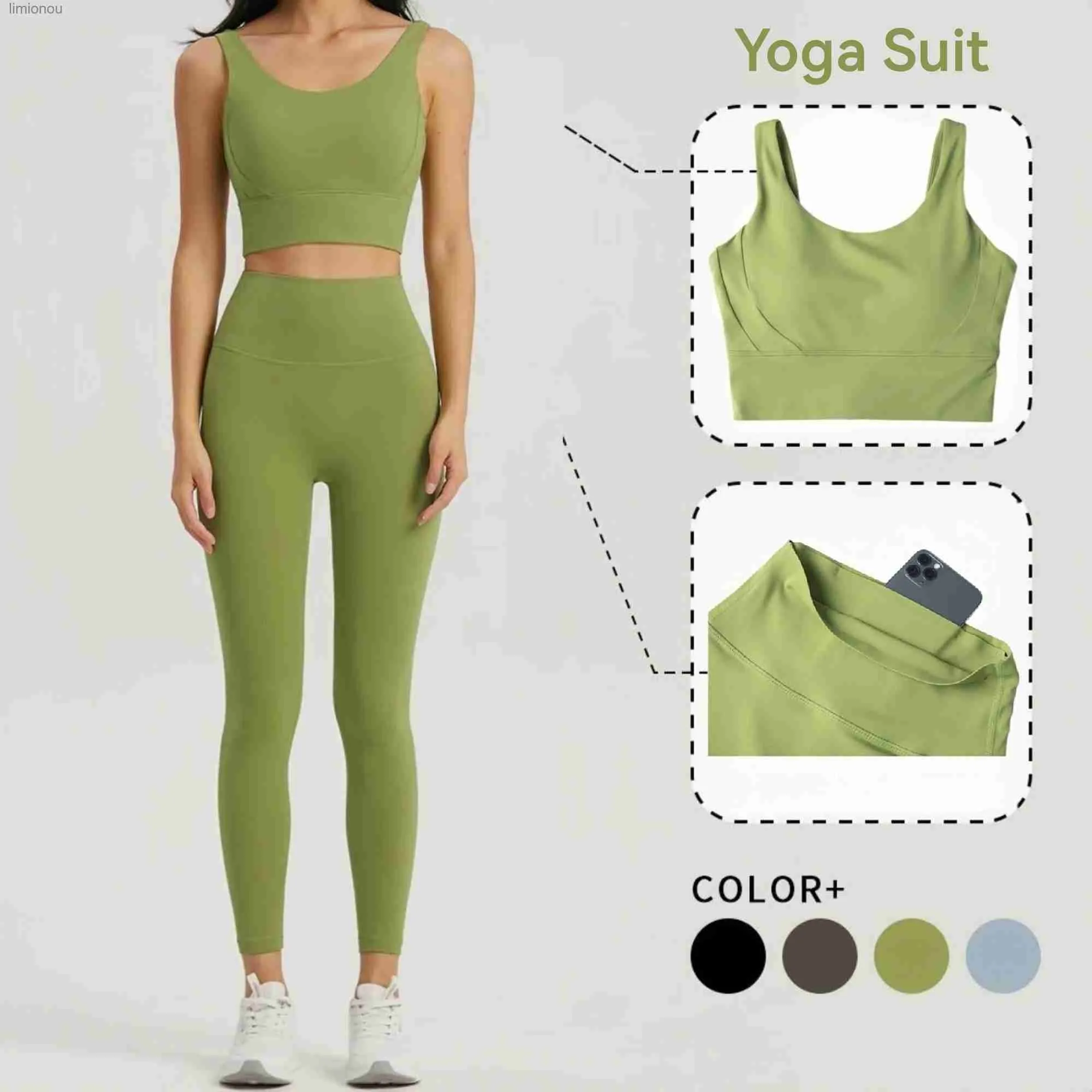 Set attivi Set yoga senza cuciture Donna Lycra Abbigliamento da palestra Reggiseno sportivo Coppe semifisse Top da allenamento Leggings yoga antirotolamento con collant tascabiliL240118