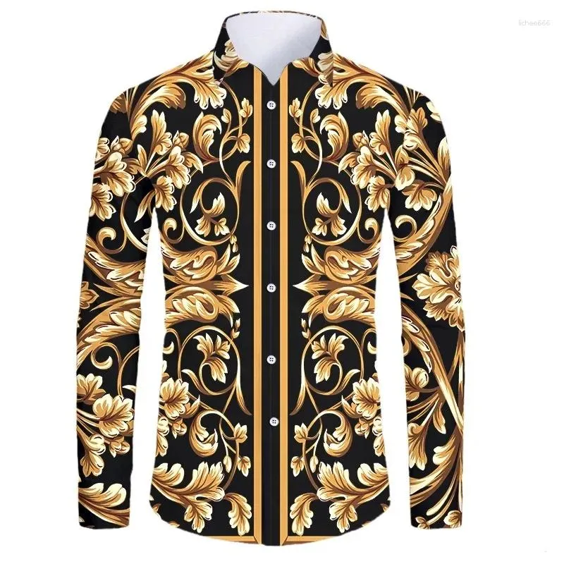 Camisas casuais masculinas High End Luxo Padrão Dourado 3D Impresso Manga Curta Botão para Homens Estilo de Rua Trendy Tops Hip Hop Outfits