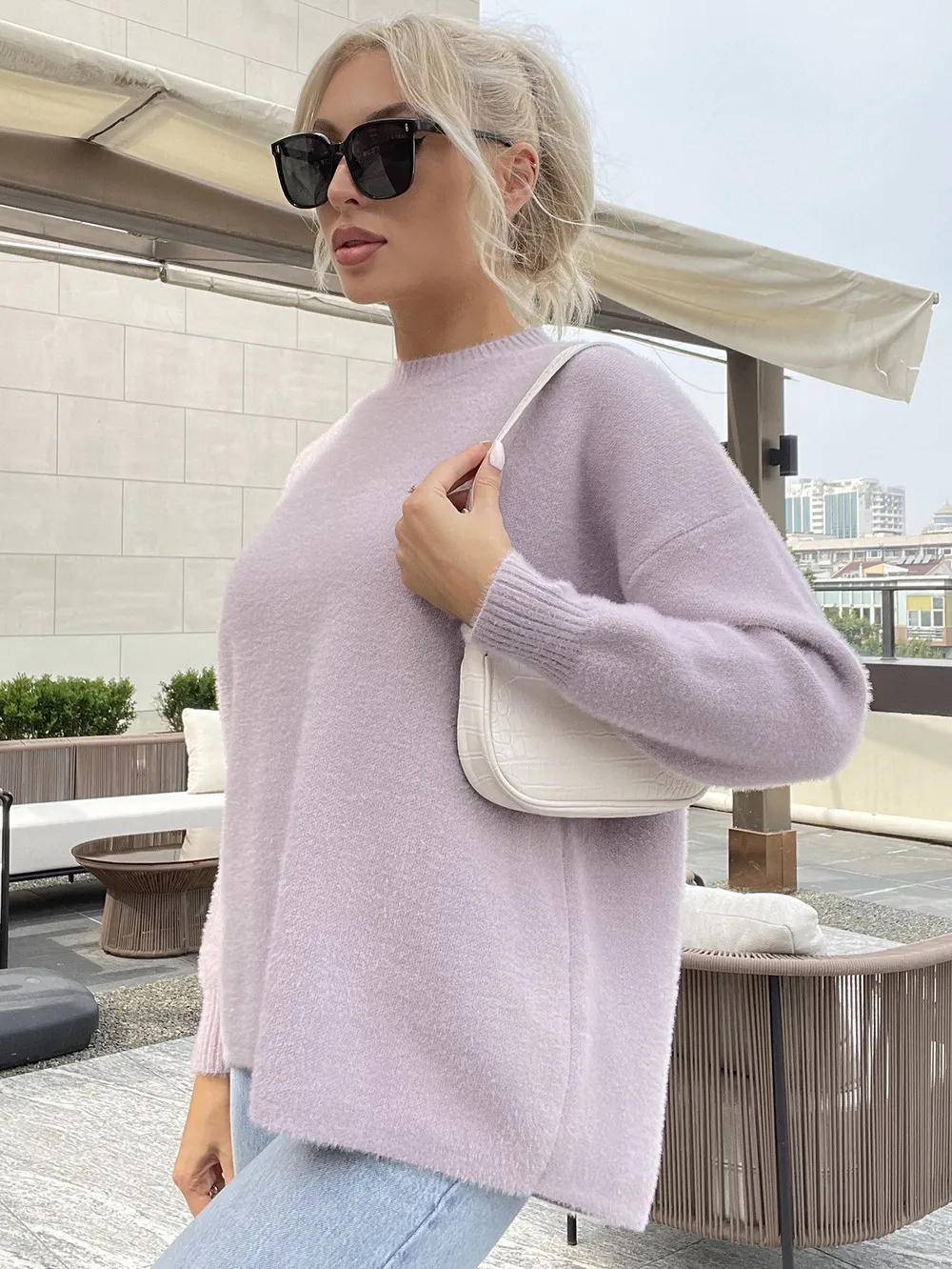 Women`s Sweaters Mink Sweater Stand Collar Loose Knit Sweater Women`s Casual Sweater
