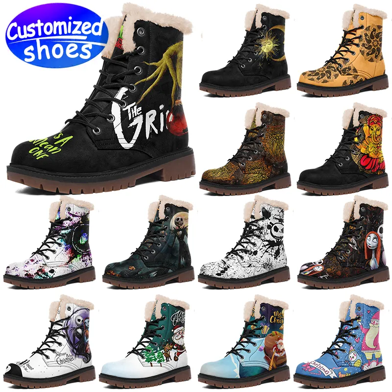 Customized shoes Customized Boots star Christmas high top leather boots plush snow ice Custom pattern women men Boots outdoor sneaker black red big size eur 36-48