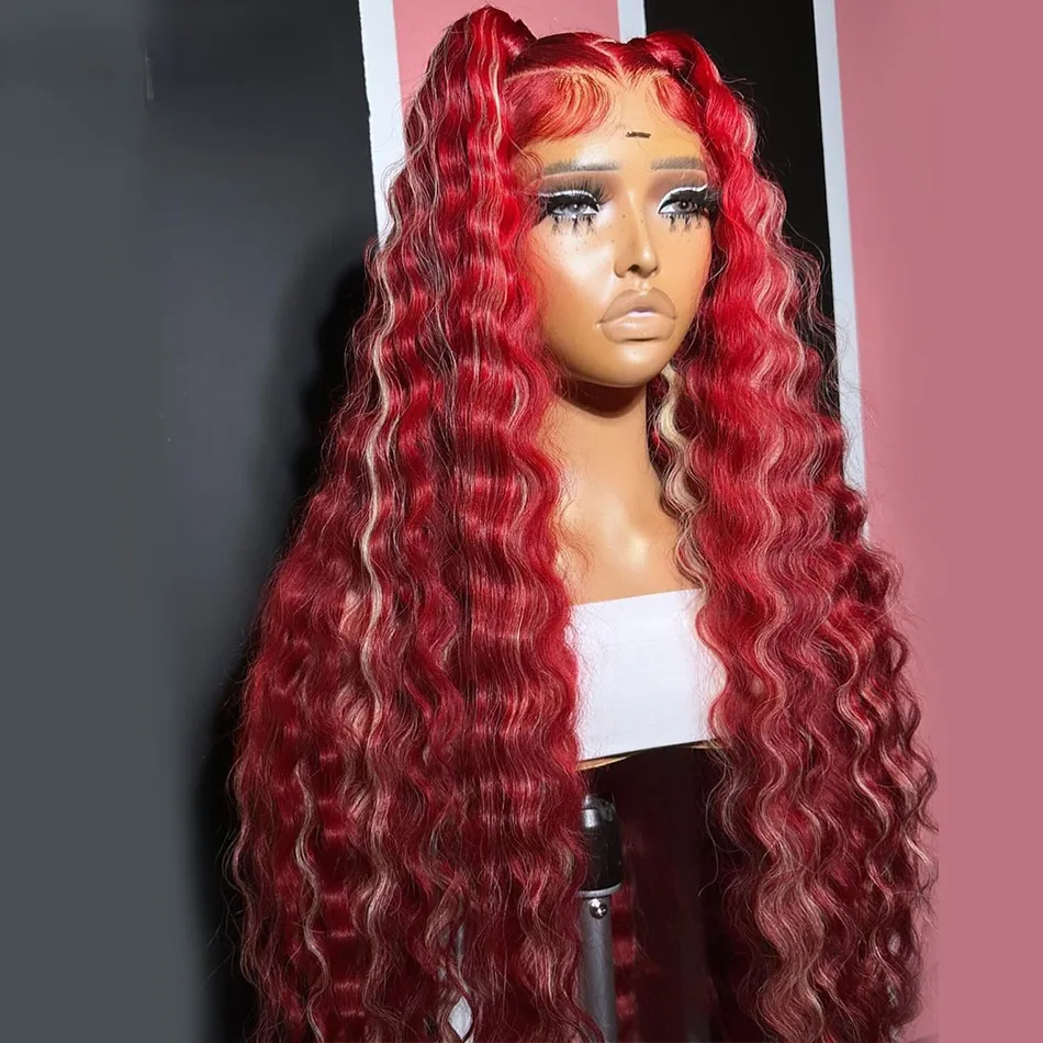 Highlights Red Blonde Colored HD Lace Human Hair Wig Body Wave 180% Density Pre-Plucked 13x4 Lace Frontal Wig Synthetic for Black Women