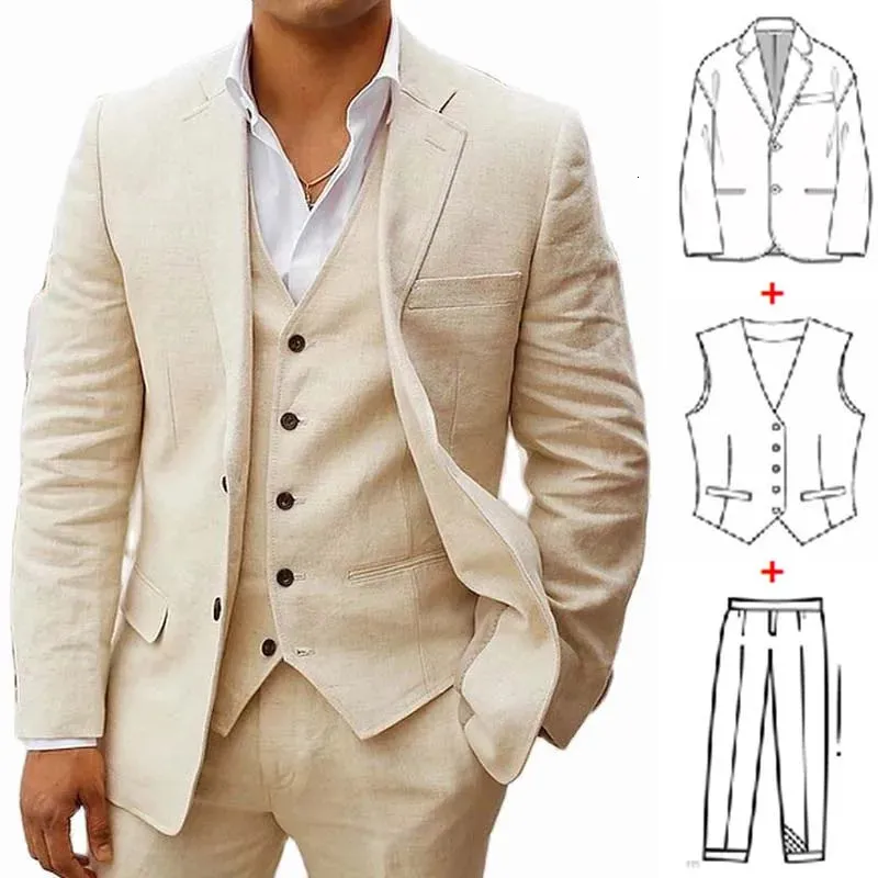 3 Piece Linen Summer Men Suits for Wedding Groom Tuxedos 2023 Casual Beach Custom Man Suit Set Jacket Vest with Pants Fahion 240117