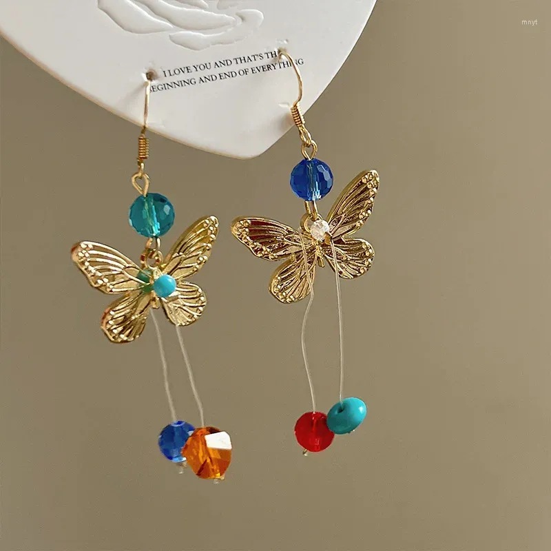 Stud Earrings Metal Butterfly Colorful Beads Pendant Japanese Korean Style Personalized Fashion Girls Travel Jewelry 2024