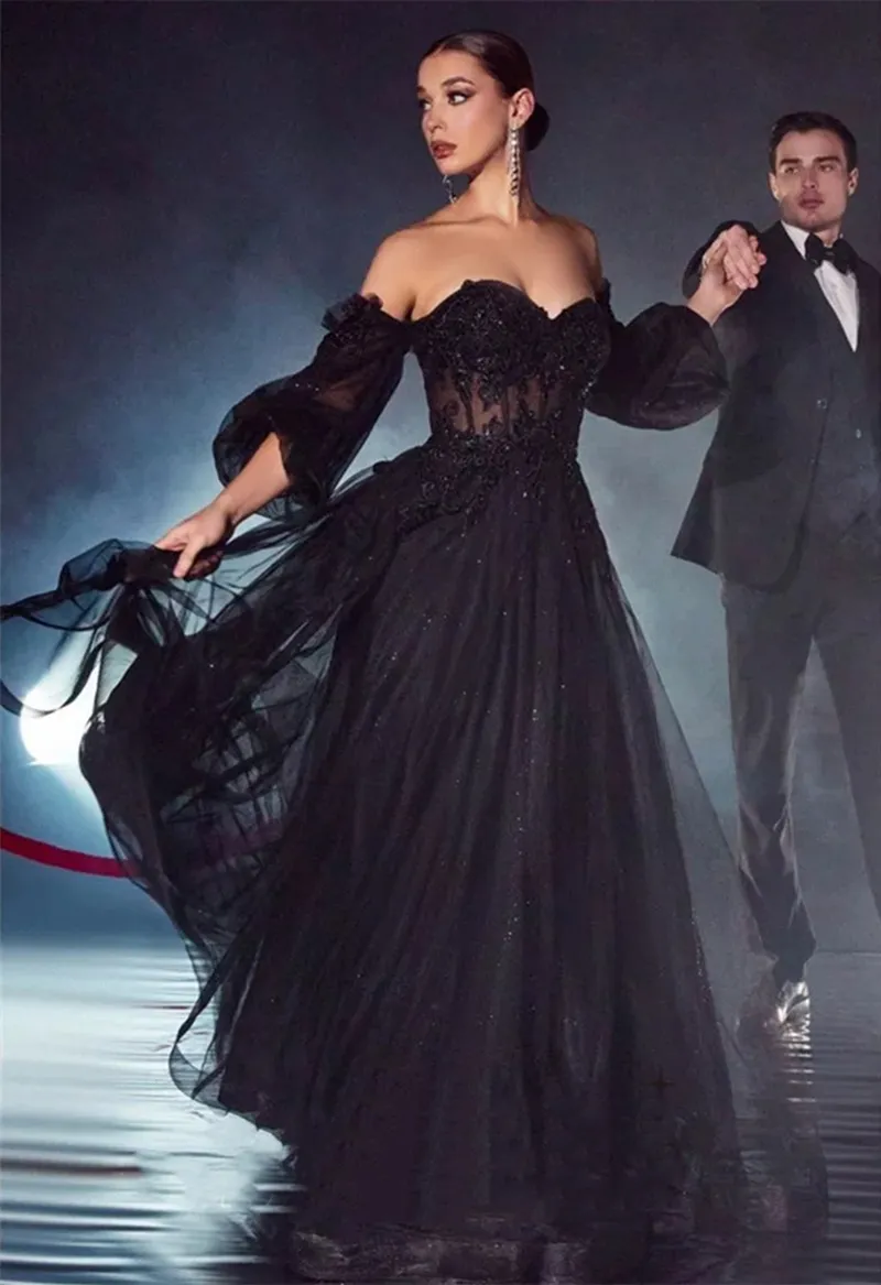 Dubaï hors de l'épaule robes de bal noires col en coeur dentelle appliques perlées une ligne sexy une ligne longue robe de soirée de célébrité pour les femmes tulle robes d'occasion spéciale