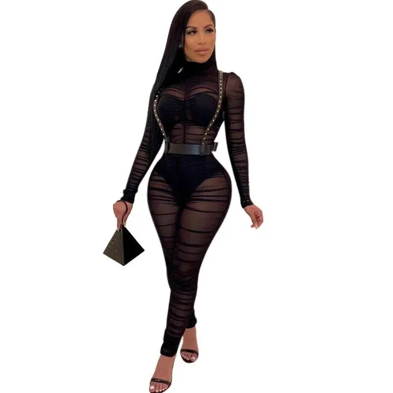 Capris 2020 New Long Sleeve Black Sexy Bodycon Jumpsuit for Women Mesh See Through Skinny Rompers Female Draped Going Out Club Overalls