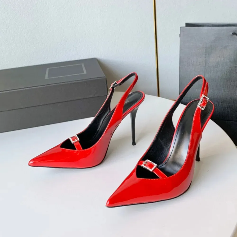 Neue Slingback-Pumps aus Lackleder mit Schnalle, Stiletto-Absatz, Sandalen, 11,5 cm, Damen-Designer-Kleid, quadratische spitze Zehen-Abendschuhe, Größe 6962