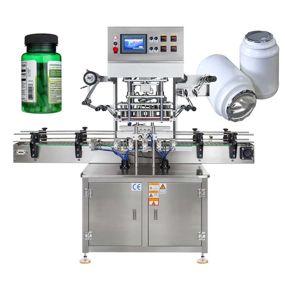 Automatische Aluminium-Rollfilmfolien-Deckelversiegelungsmaschine, 4-Kopf-Kunststoff-Rundflaschenversiegelungsmaschine