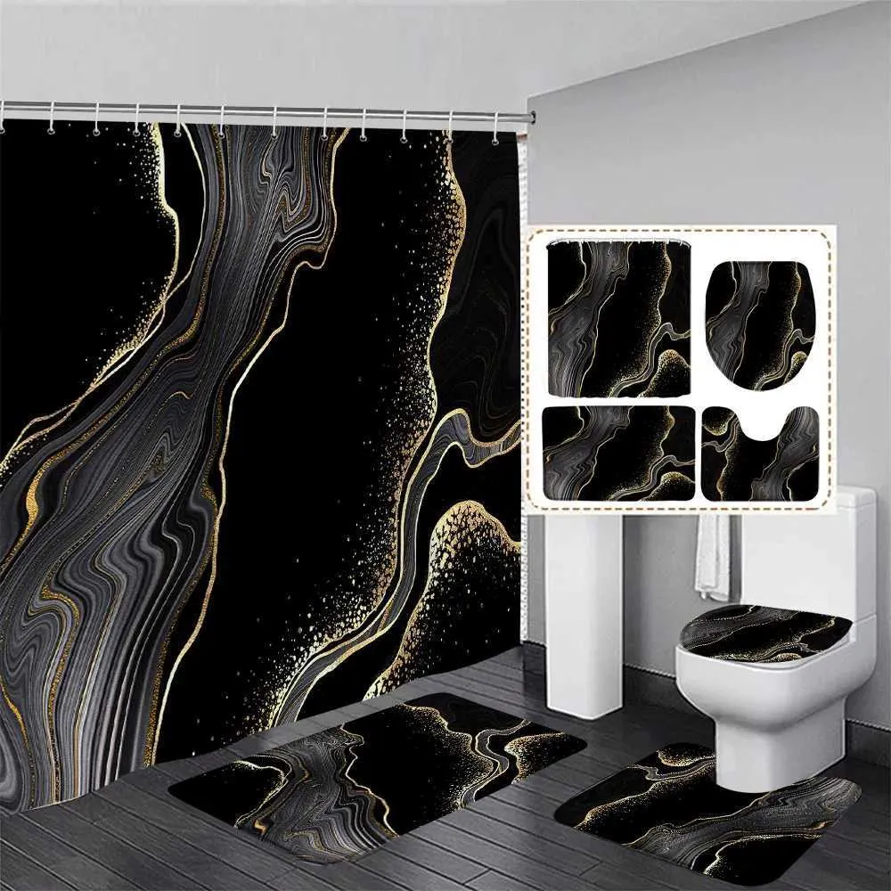 Zasłony prysznicowe Streszczenie różowy marmurowy zestaw zasłony prysznicowej Złota teksturowana nowoczesna geometryczna sztuka sztuka łazienka wystrój drzwi dywan do kąpieli mata toaleta pokrywka